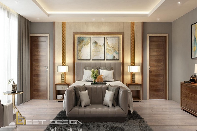 Sofa da được decor tại vị trí cuối giường vô cùng thuận tiện