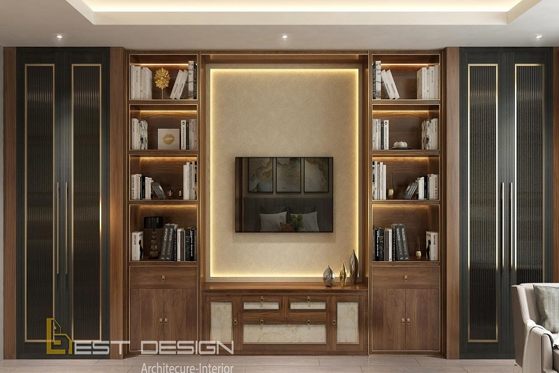 Kệ trang trí với màu sắc chủ đạo của căn nhà