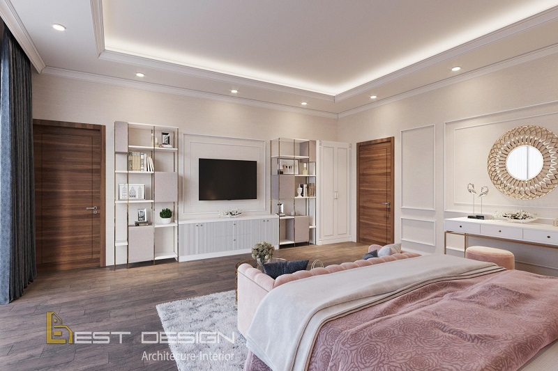 Phòng ngủ dành cho con gái cũng được bài trí thêm sofa ở cuối giường tạo sự tương đồng với phòng của bố mẹ