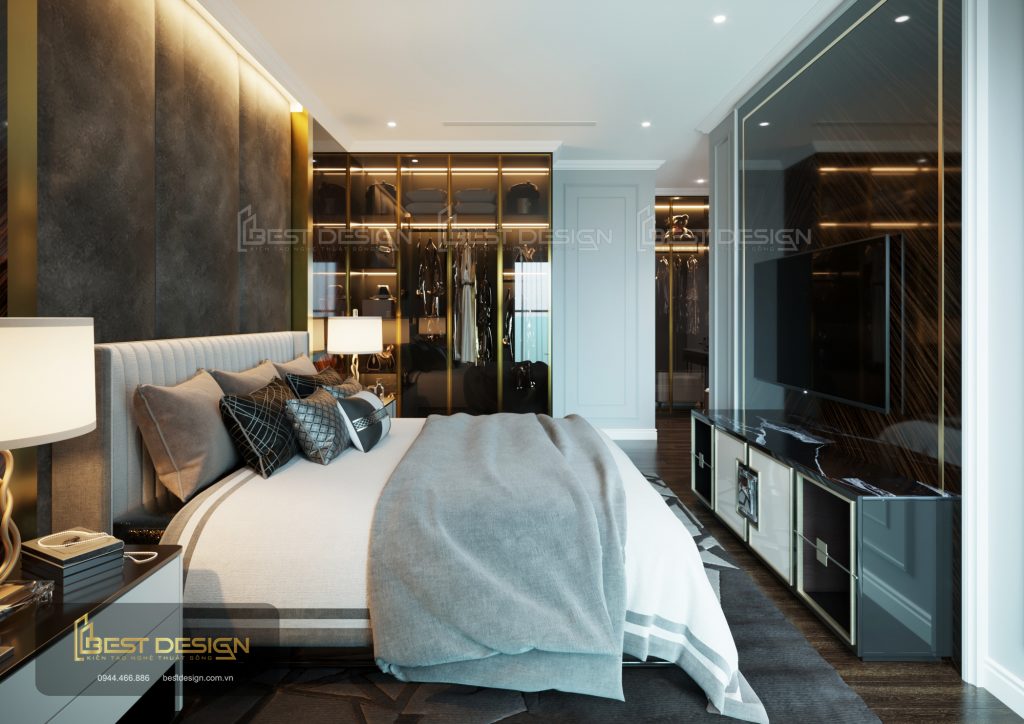 Vách trang trí sau tivi phòng ngủ thể hiện sự chịu chơi từ chủ nhà